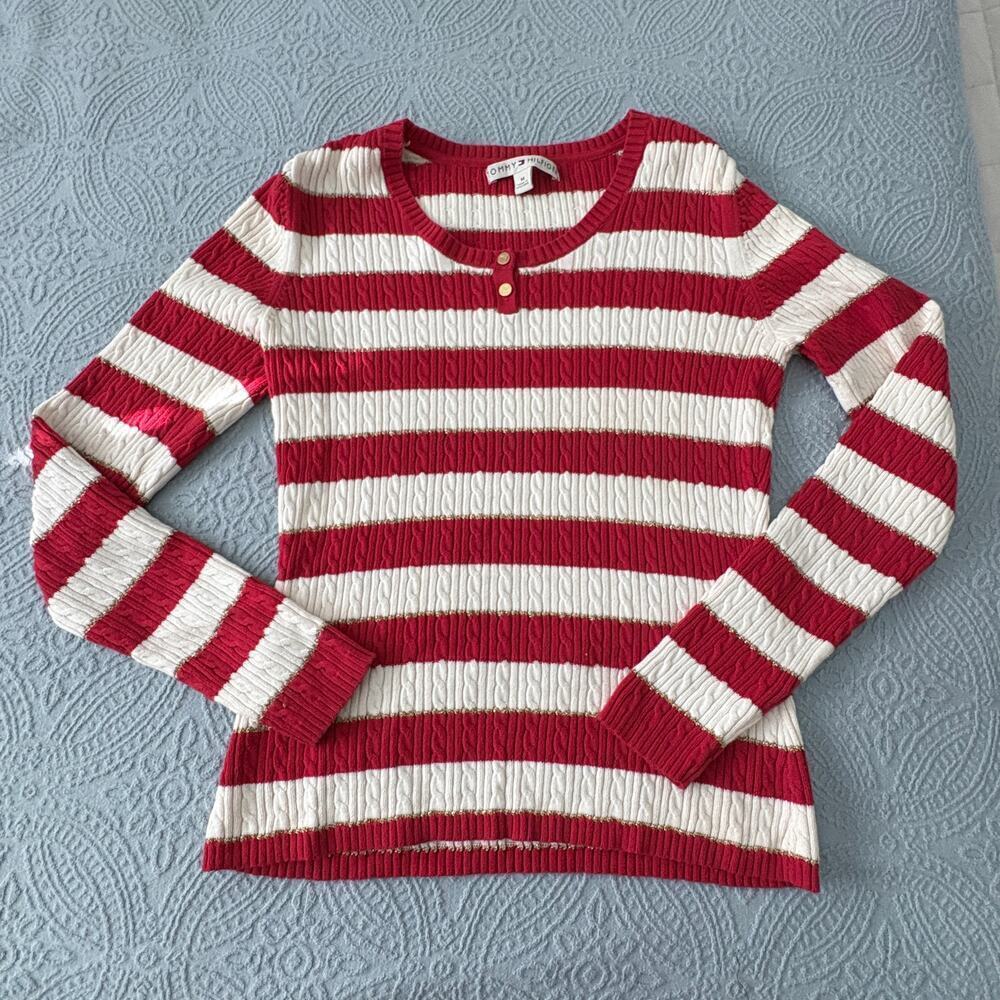 Tommy Hilfiger Stripe Cable Knit Sweater Red White Gold Medium Preppy